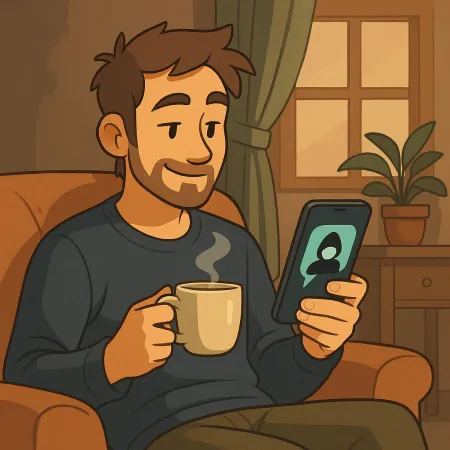 En skjeggete mann som sitter komfortabelt i en stol, holder en dampende kopp kaffe i den ene hånden og en smarttelefon i den andre. Han smiler mens han ser på skjermen, hvor en anonym silhuett vises. Innendørs er det en varm atmosfære, med en plante, et gardin og et vindu i bakgrunnen.