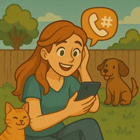 Rødhåret kvinne som sitter på gresset i en hage, smilende mens hun ser på smarttelefonen sin. En oransje katt ligger inntil henne, og en brun hund sitter i nærheten. En taleboble med et telefonikon og et nummertegn svever over henne, og antyder en telefonsamtale.