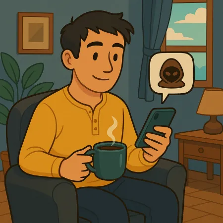 Mann som sitter komfortabelt i en stol, holder en dampende kopp kaffe og ser på smarttelefonen sin, med en meldingsboble som viser et anonymt maskeikon eller hacker, i en koselig stue med vindu, lampe og plante