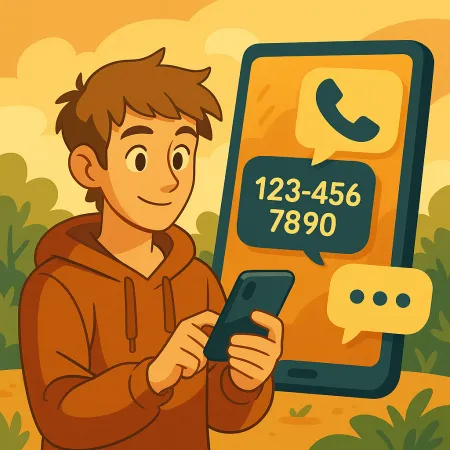 Ung mann som smiler i hettegenser, bruker smarttelefonen sin, med en stor telefonbakgrunn som viser et anropsikon og et fiktivt telefonnummer (123-456-7890), i en stilisert og varm utendørs setting
