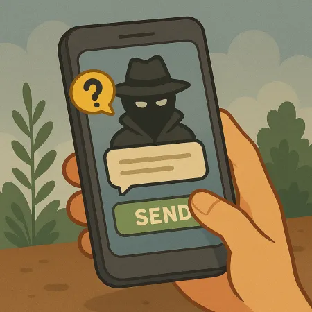 Hånd som holder en smarttelefon som viser en maskert person i regnjakke og hatt, som representerer en anonym avsender. En tale-boble med et spørsmålstegn er synlig, samt en grønn knapp merket 'SEND', som antyder sending av en anonym melding.
