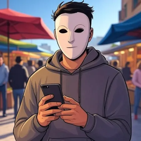 En ung mann med animert stil som bærer en hvit maske og grå hettegenser, ser på telefonen sin på et utendørsmarked.