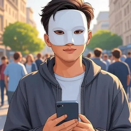En ung mann med animert stil iført en hvit maske og en grå hettegenser, ser inn i kameraet mens han holder en smarttelefon i en travel gate.