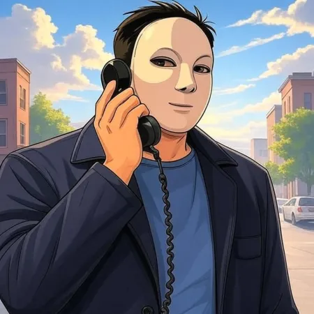 En mann med hvit maske, mørk jakke og blå t-skjorte, snakker inn i mottakeren av en gammel svart telefon, med en bygate i bakgrunnen.