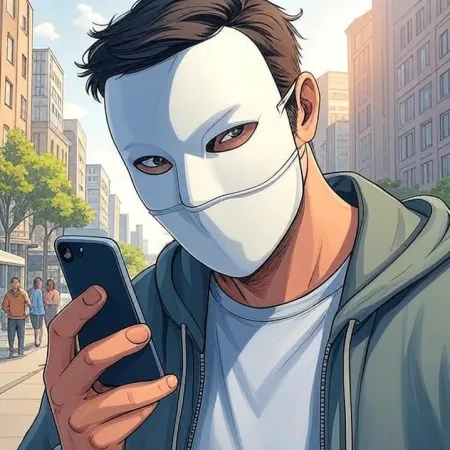En mann med hvit maske og hettegenser ser på mobiltelefonen sin i en gate i byen. Bildet er laget i en tegneserie- eller tegneseriestil.