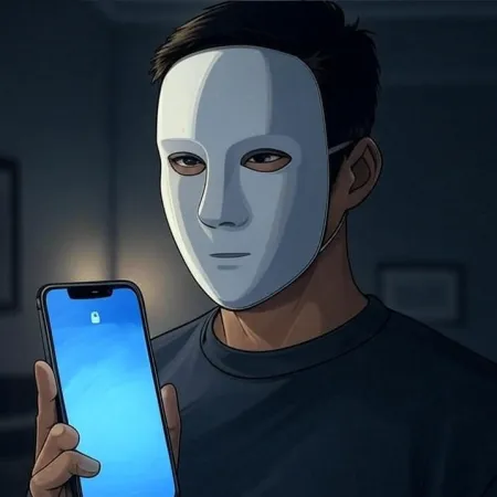 Person med hvit maske som holder en smarttelefon med låseskjerm på.