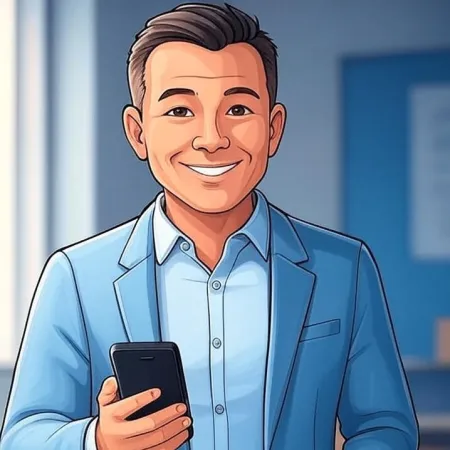 Illustrasjon av en smilende forretningsmann i blå dress som holder en smarttelefon.