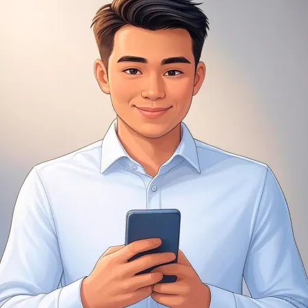 Illustrasjon av en smilende forretningsmann i blå dress som holder en smarttelefon.