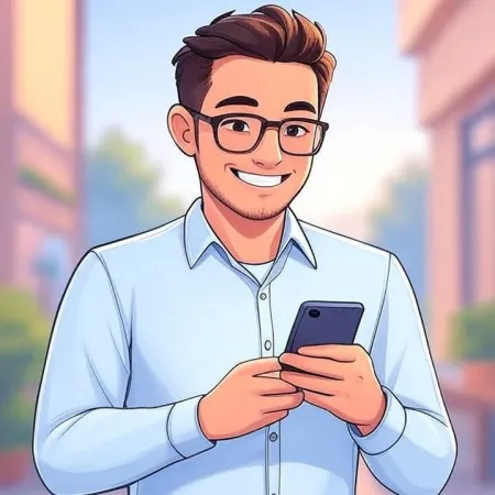 En smilende ung mann med briller og blå skjorte, som ser på smarttelefonen sin.