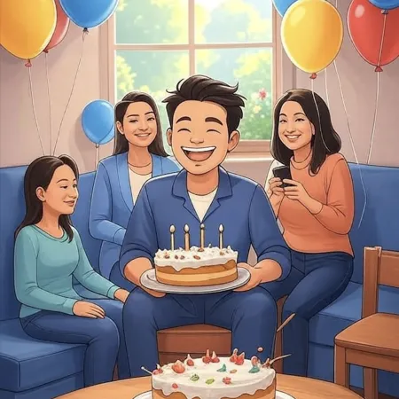 Smilende mann som holder en kake med fem lys, omgitt av nærstående i en stue dekorert med fargerike ballonger.