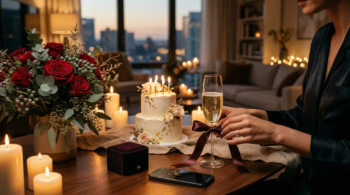 En smilende kvinne som sitter på et moderne kjøkken ser på mobiltelefonen sin, mens to menn i bakgrunnen presenterer henne med bursdagskaker med tente lys.