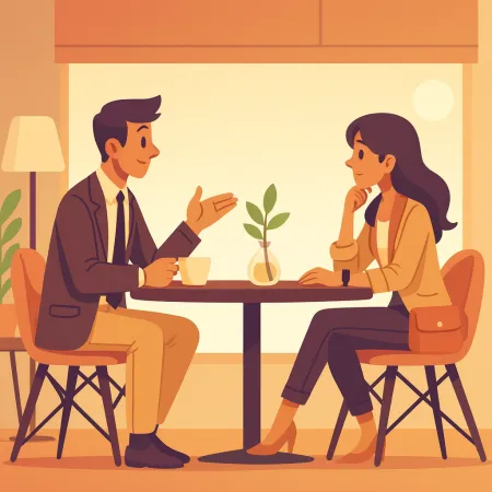 Illustrasjon av to personer som diskuterer ansikt til ansikt på en kafé, en mann i dress og en kvinne i uformell, men stilig antrekk, sittende ved et bord med en liten plante i midten