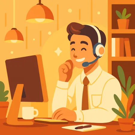 Illustration of a smiling man with headphones working on a desktop computer in a warm and comfortable environment with plants and a cup of coffee